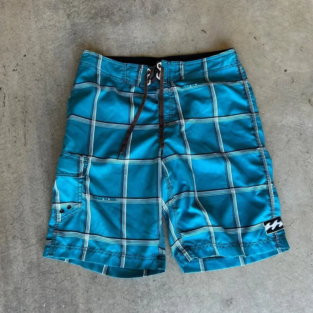 Vintage baggy grail plaid teal billabong board short swimsuit